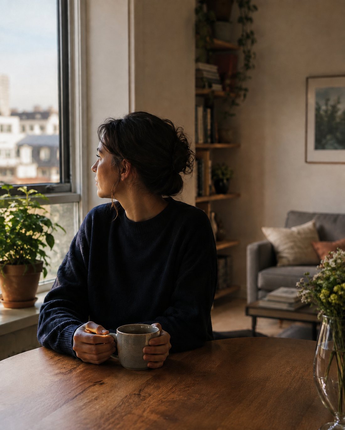 Frau sitzt allein mit einer Tasse am Fenster – wie viel Platz hätte eine Beziehung in Deinem Leben? Beziehungstest von Amorazza.