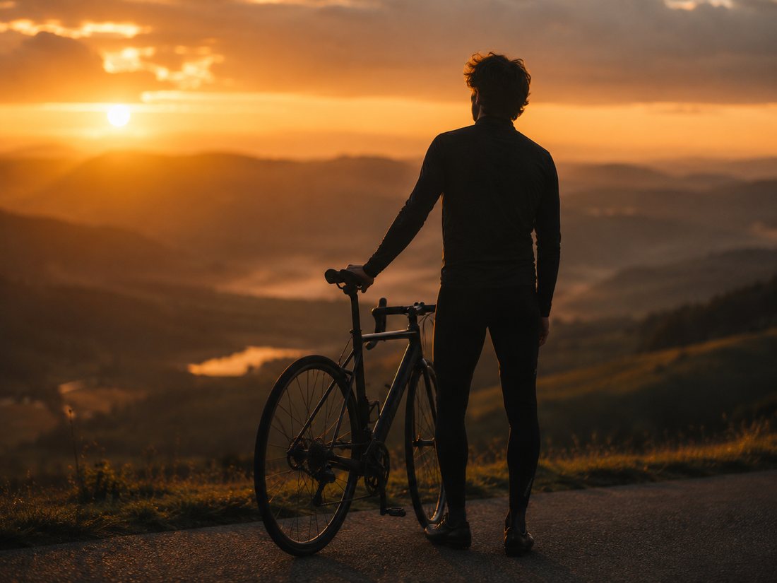 Mann steht mit seinem Fahrrad am Hang und blickt in den Sonnenuntergang – der Test „Bin ich beziehungsbereit?“ von Amorazza urteilt nicht, er hilft beim ehrlichen Hinsehen.