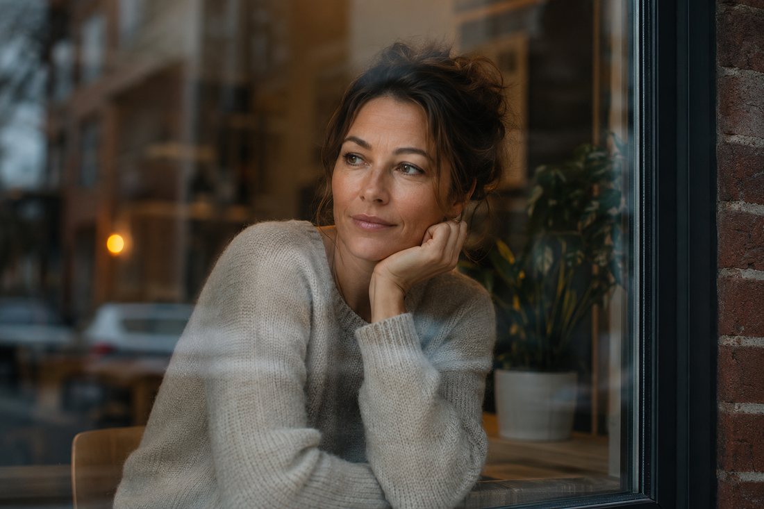 Frau blickt nachdenklich aus einem Caféfenster – Ausgangspunkt für den Selbsttest von Amorazza: Bin ich beziehungsbereit?